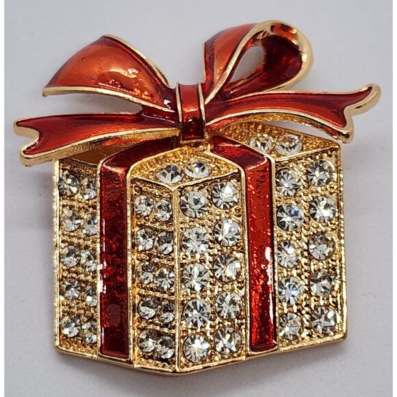 Christmas Present Brooch Red Ribbon Classic Rhinestone & Enamel Simple Elegant - Picture 3 of 4